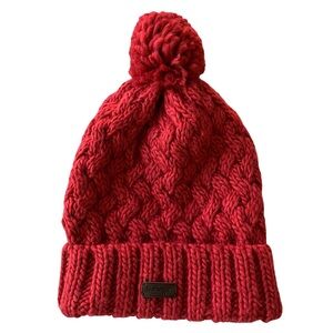 Barbour Penshaw Cardinal Beanie Cable Knit Pom Red Chunky Ribbed Cuffed Hat Warm